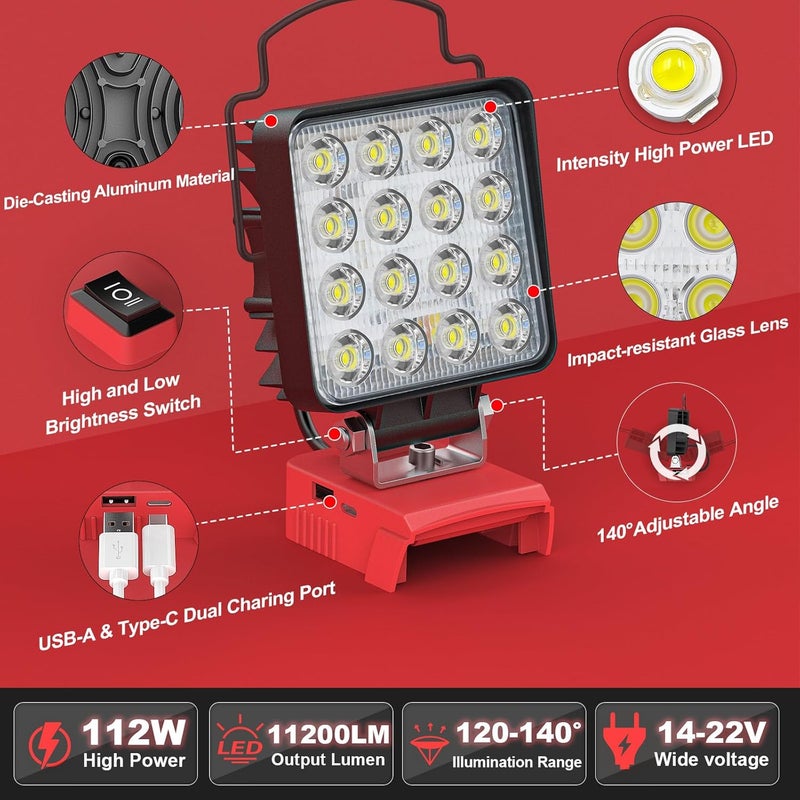 MtiolHig 2PCS Cordless LED Work Light Compatible with Milwaukee 18v Battery,112W 11200 Lumens Battery Powered LED Flood Light Only, with USB & Type-C Charging for Emergency, Workshop, Outdoor - Image 2
